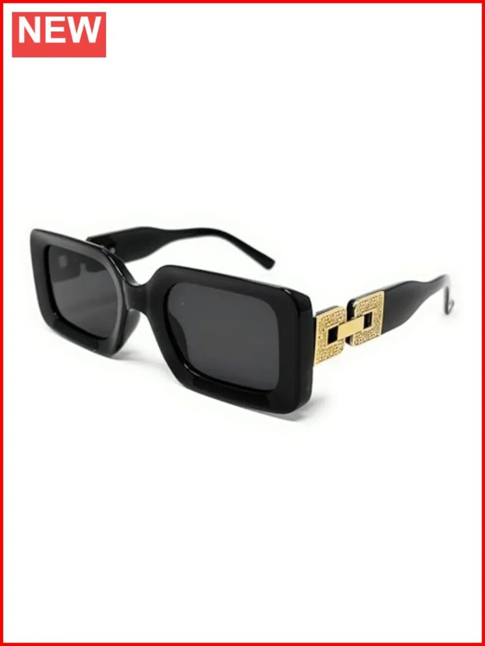 Oversized Rectangle Sunglasses with Gold Embellishments, Thick Frame, Glamour